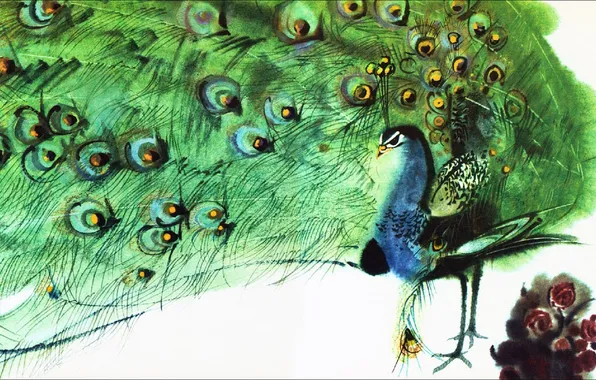 Picture green, style, feathers, Birds, art, watercolor, tail, peacock