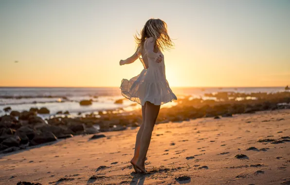 BLONDE, SEA, SAND, DRESS, SHORE, MOOD, DAWN, SUNDRESS