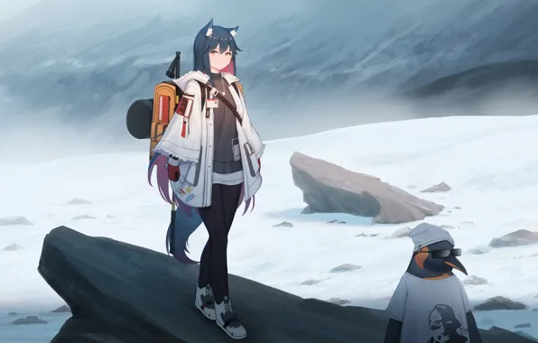 Girl, snow, mountains, penguin, neko