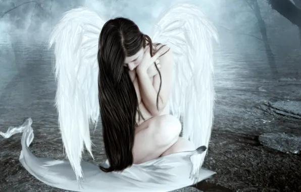Picture sadness, girl, trees, fiction, hair, wings, angel, sitting