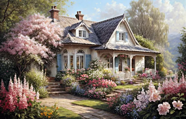 Summer, flowers, house, house, painting, cottage, mansion, flowering