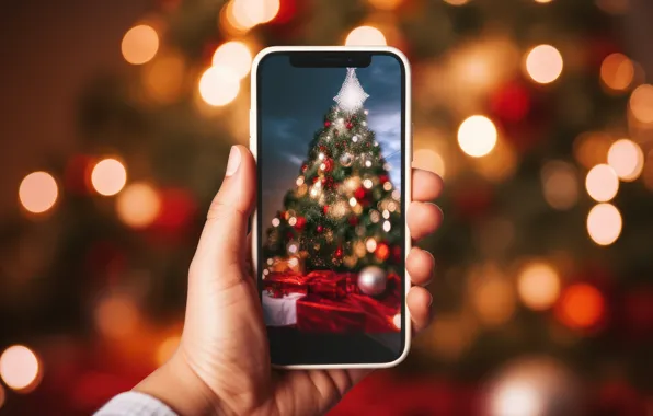 Night, hand, Christmas, New year, gadget, bokeh, smartphone, cell phone