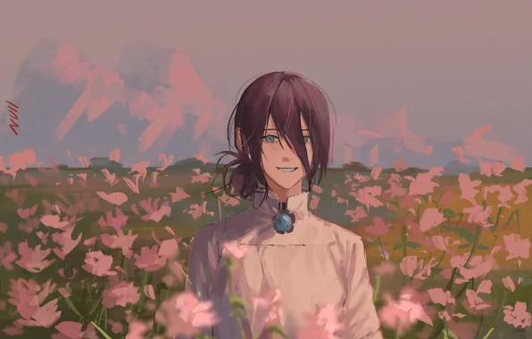 The sky, girl, flowers, Chainsaw Man, Pray
