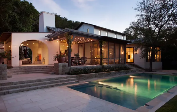 Villa, the evening, pool, lighting, Austin, architecture, terrace, Texas
