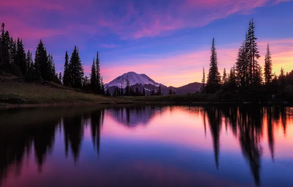 Picture clouds, trees, mountains, lake, reflection, glow, USA, Washington