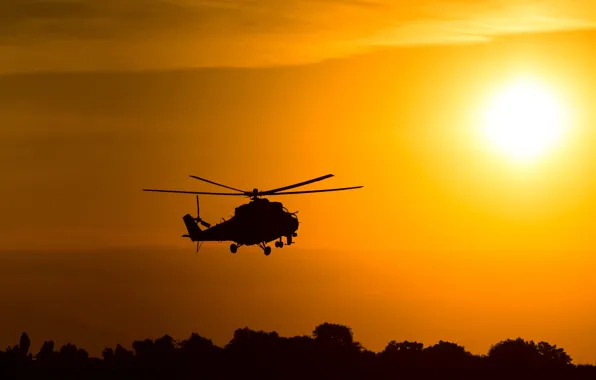 The sky, the sun, flight, dawn, spinner, silhouette, helicopter, BBC
