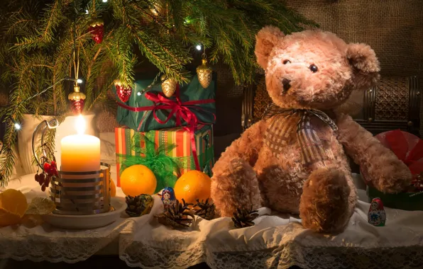 Toys, new year, candle, spruce, oranges, branch, bear, gifts