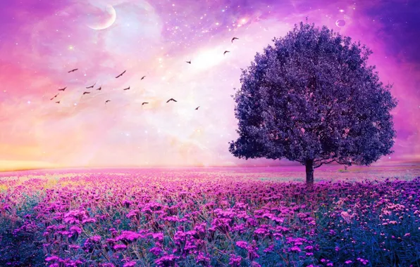 Picture tree, birds, Violet