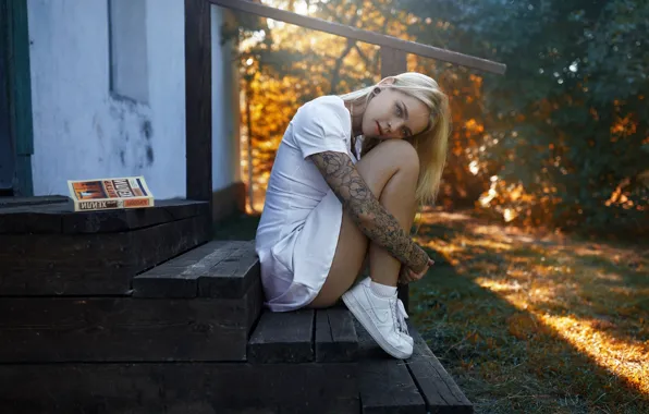 Picture grass, trees, model, Nike, tattoo, women, blonde, books