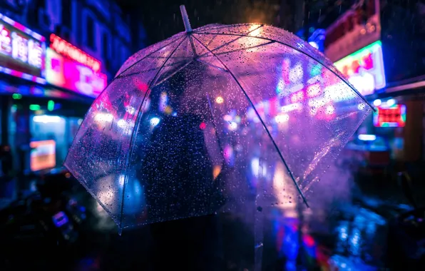 Drops, night, lights, rain, people, umbrella, bokeh