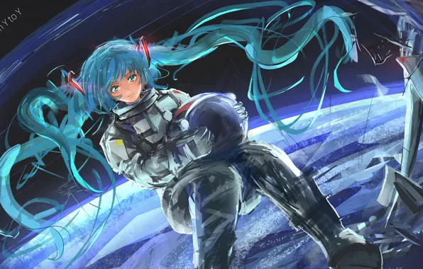 Picture girl, space, earth, planet, anime, the suit, art, vocaloid