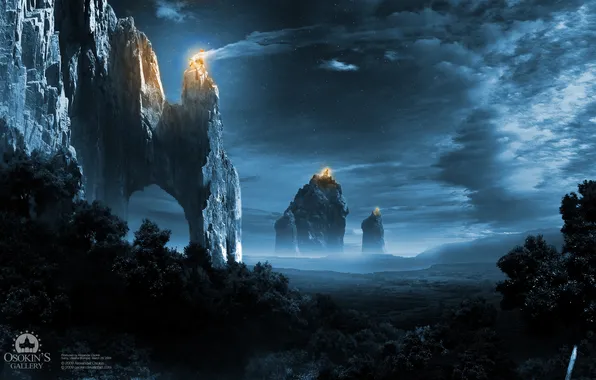 Picture forest, night, lights, rocks, Lights of Empire