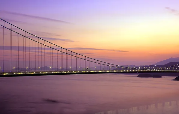 The sky, sunset, mountains, bridge, lights, panorama