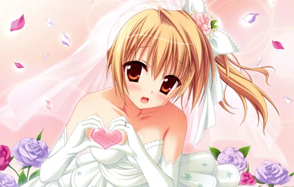 Girl, flower, anime, bride, japanese, hana, bishojo, wedding dress