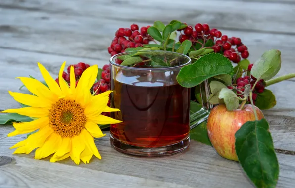 Flower, leaves, glass, berries, table, tea, Board, Apple