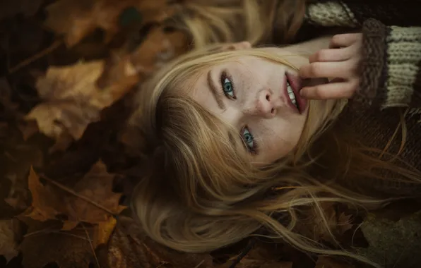 Eyes, look, girl, foliage, portrait, sweater