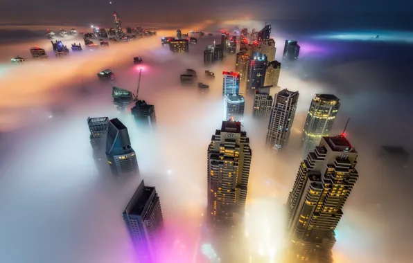 Night, lights, fog, Dubai, UAE