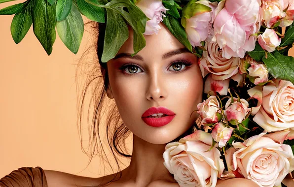 Girl, flowers, face, model, Girl, sexy, wreath, beautiful girl