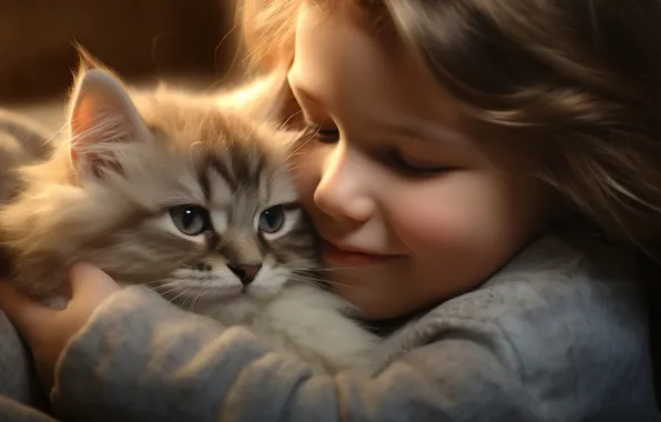 Cat, light, smile, kitty, child, portrait, baby, girl