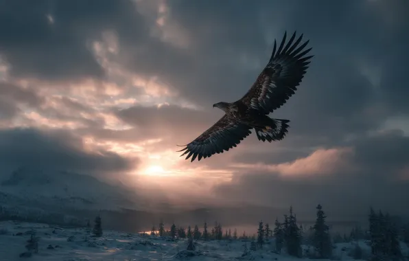 Winter, forest, the sky, clouds, light, snow, flight, bird