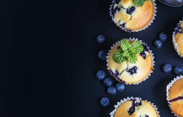 Berries, blueberries, mint, cakes, sweet, cupcakes
