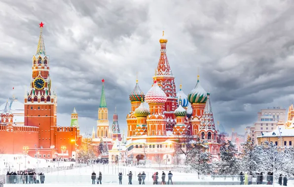 Picture winter, area, Moscow, tower, temple, St. Basil's Cathedral, Russia, Red square