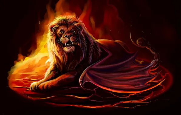 Mouth, mane, fangs, a mythical creature, Smoking a cigar, in the flames of fire, the …