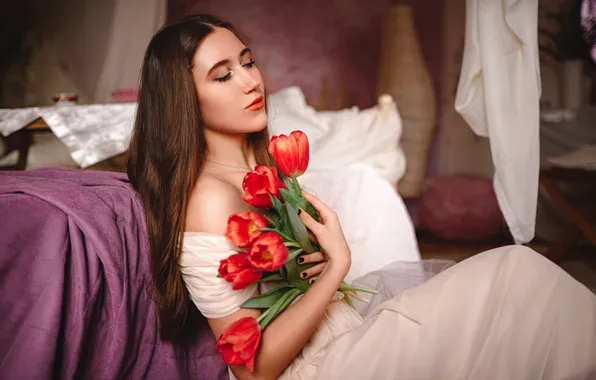 Girl, flowers, pose, mood, hands, dress, tulips, long hair