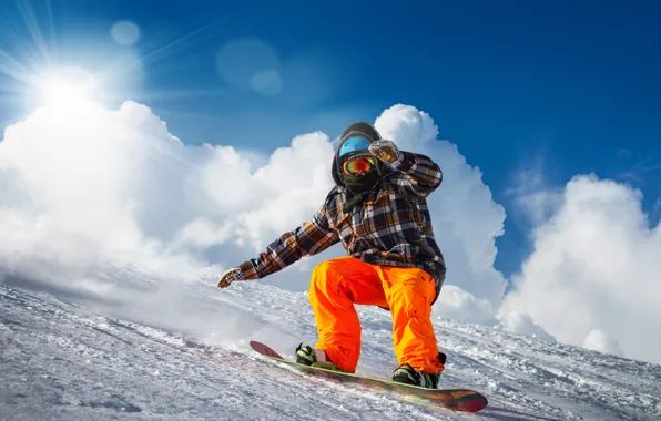 Winter, the sky, the sun, clouds, rays, snow, snowboard, snowboarding