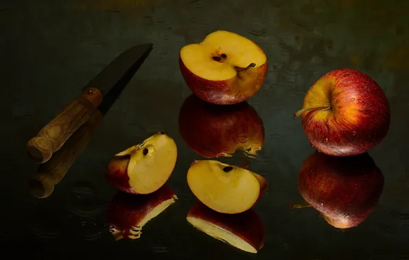 Glass, drops, reflection, table, apples, knife, fruit, still life