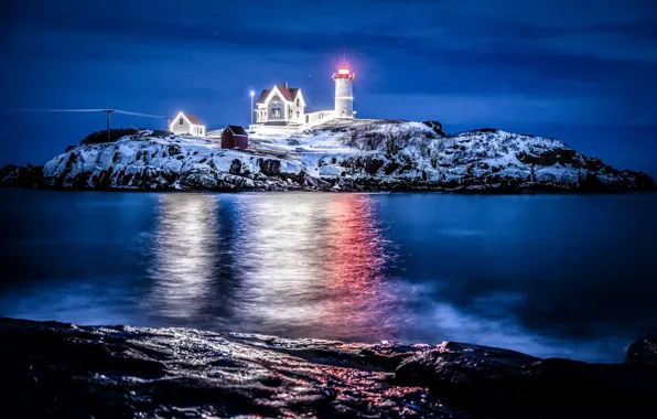 Picture sea, night, nature, Nubble Lighthouse