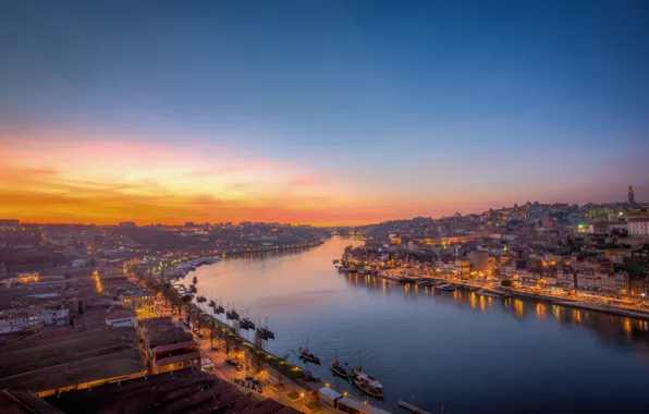 Bridge, the city, lights, river, dawn, Portugal, Porto