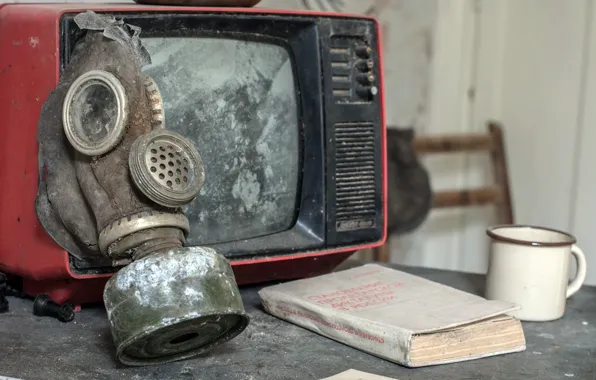 TV, USSR, gas mask, book