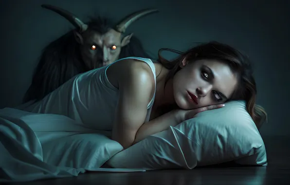 Girl, Sleeping, The demon, Pillow, Horns, Art, The Scary Lullaby