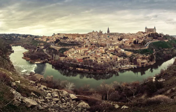 The sky, clouds, trees, landscape, river, stones, home, canyon