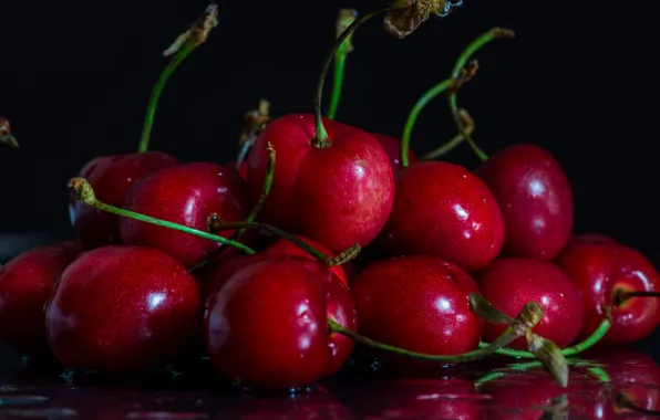 Water, drops, macro, cherry, berries, moisture, red, black background