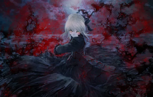 Picture girl, blood, dress, saber, dark saber, bangs, solo, fate/stay night