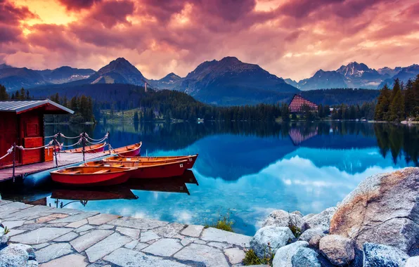 Trees, mountains, boat, the evening, house, the bridge, The House, mountain lake