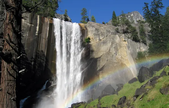 Mountains, nature, rocks, waterfall, California, Yosemite National Park, Vernal Falls