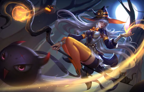 Girl, Night, Cat, The moon, Style, Girl, Witch, Halloween