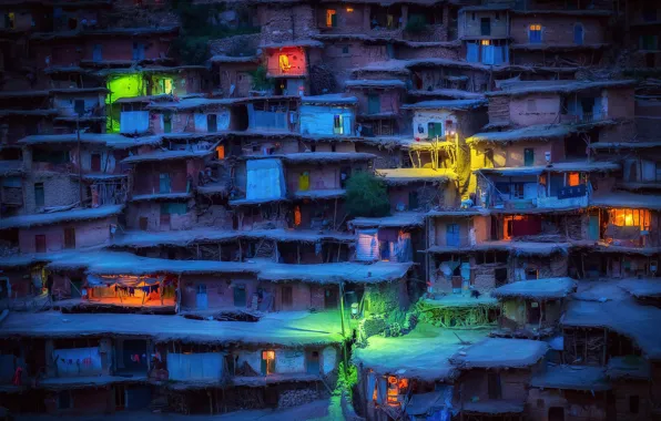 Night, lights, the evening, village, houses, Iran, slums, Sar Aqa Seyyed
