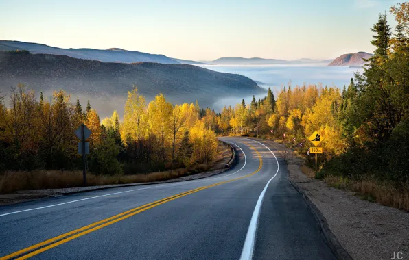 Road, autumn, forest, mountains, nature, haze