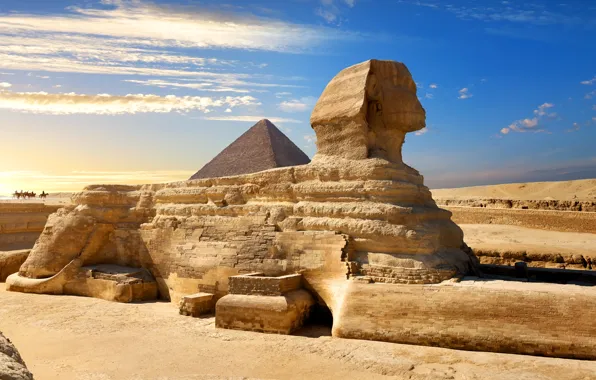 The sky, the sun, clouds, desert, pyramid, Egypt, riders, Sphinx