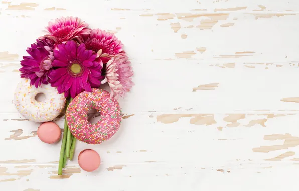 Flowers, donuts, gerbera, wood, pink, flowers, with love, macarons