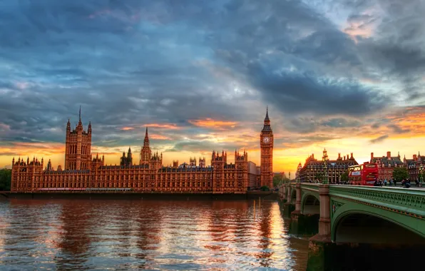 The city, river, London, Thames, clock tower, The Palace of Westminster