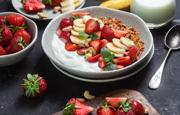 Berries, table, strawberry, bananas, bowl, muesli, sour cream, yogurt