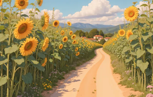 Road, field, clouds, sunflowers, flowers, mountains, dal, shadows
