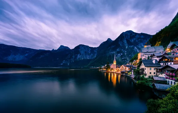 The sky, clouds, landscape, mountains, the city, lights, lake, reflection