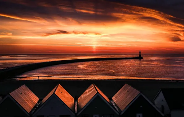 Picture sea, night, shore, lighthouse, England, Monkwearmouth