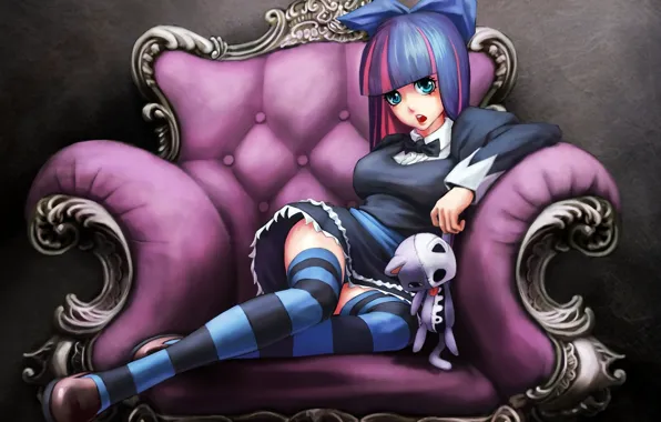 Girl, toy, chair, bow, panty & stocking with garterbelt, stocking